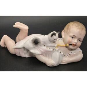 Antique German Bisque Piano Baby with Playful Kitten Victorian-era Baby Bottle